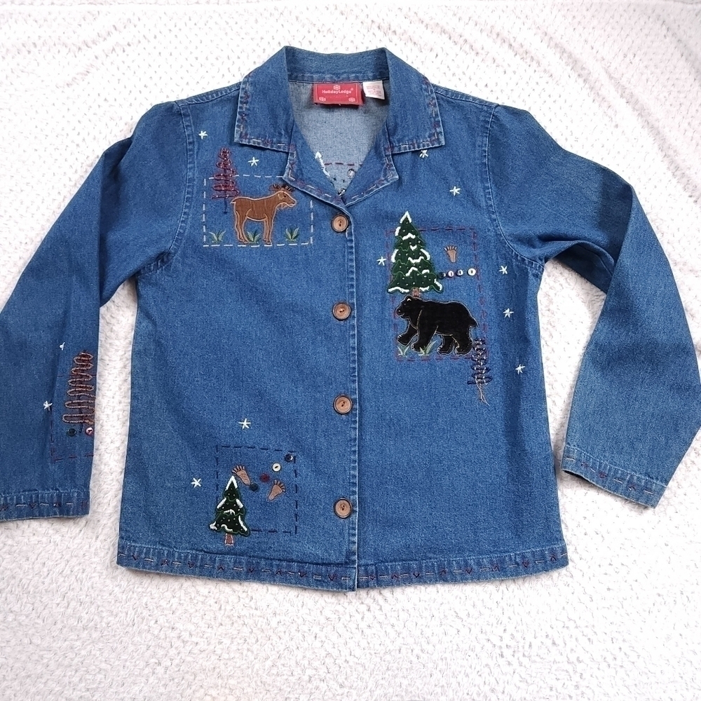 Vintage Holiday Lodge Outdoor Animal Embroidered Beaded Button Down sz M